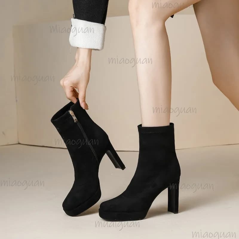 Stivali corti neri da donna con tacco grosso Stivaletti eleganti con punta tonda in pelle scamosciata Calzature eleganti antiscivolo da donna da ufficio Botas Mujer