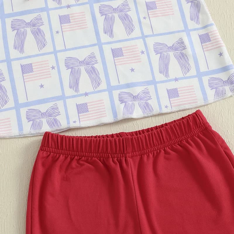 Cute Baby Girl Independence Day Outfit Top senza maniche con volant con stampa bandiera americana e pantaloncini di jeans Set da 2 pezzi per la festa estiva