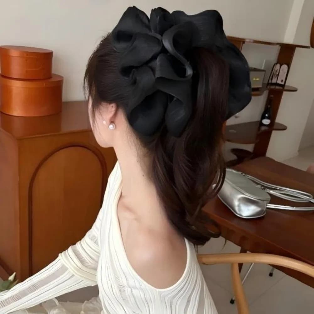 Korean Style PC Pleated Hair Claw Large Size Lightweight Mesh Flower Hair Clip Chic Tulle Material Shark Clip Party