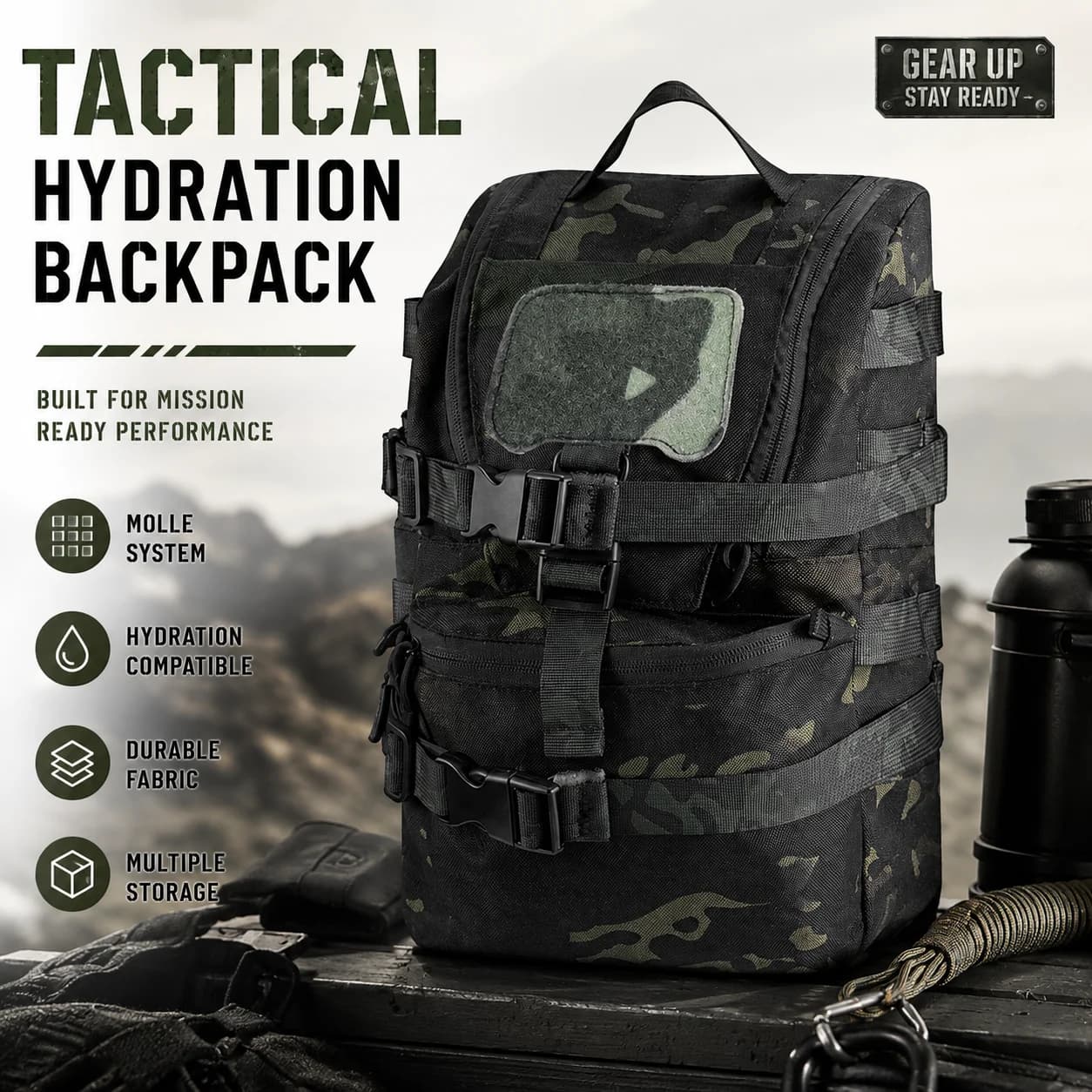 Tactical Hydration Backpack MOLLE Expandable Water Pack Storage Bag for Hiking Cycling Running Climbing Camping Outdoor Sports