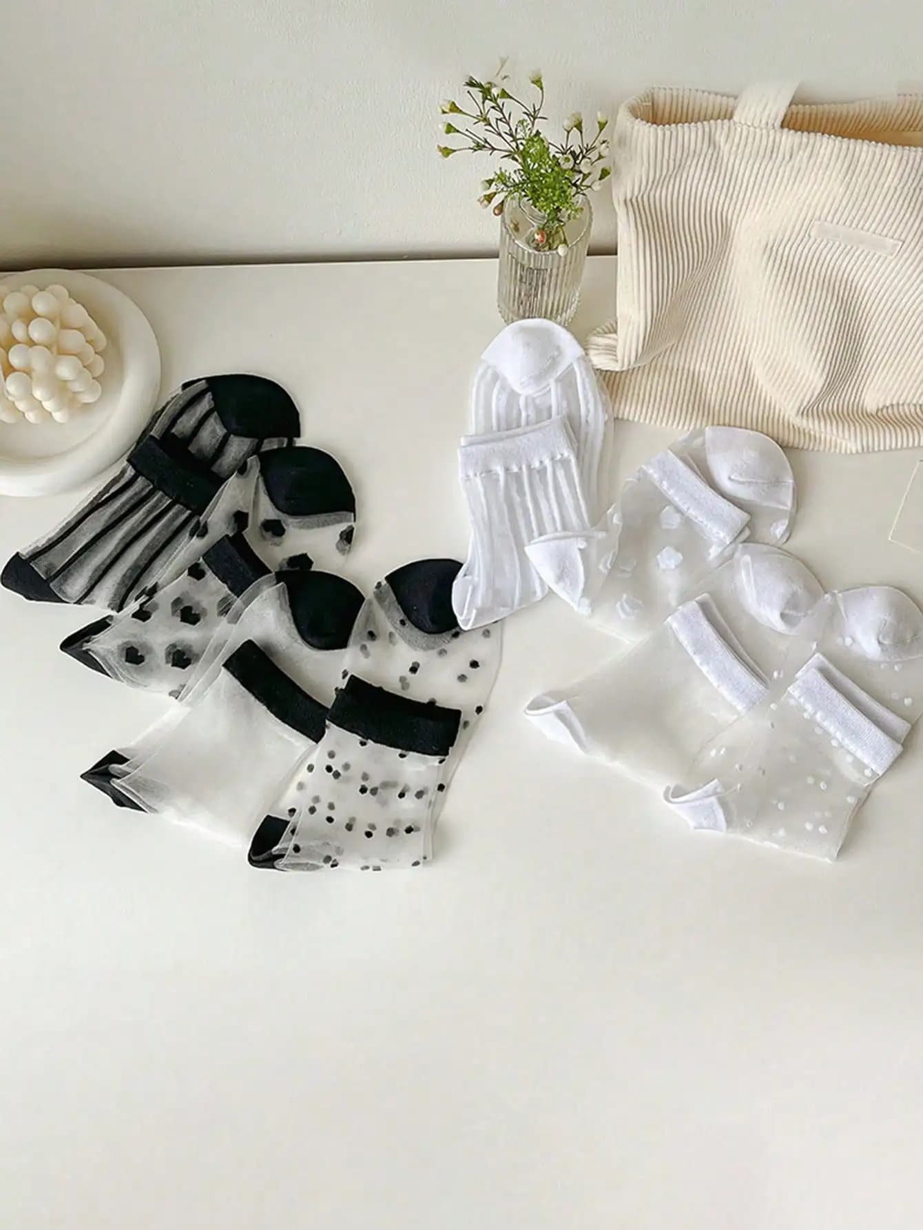 4PC Lightweight Crystal Silk Mesh Socks Spring Summer, Breathable Comfort Crew Socks casual and versatile