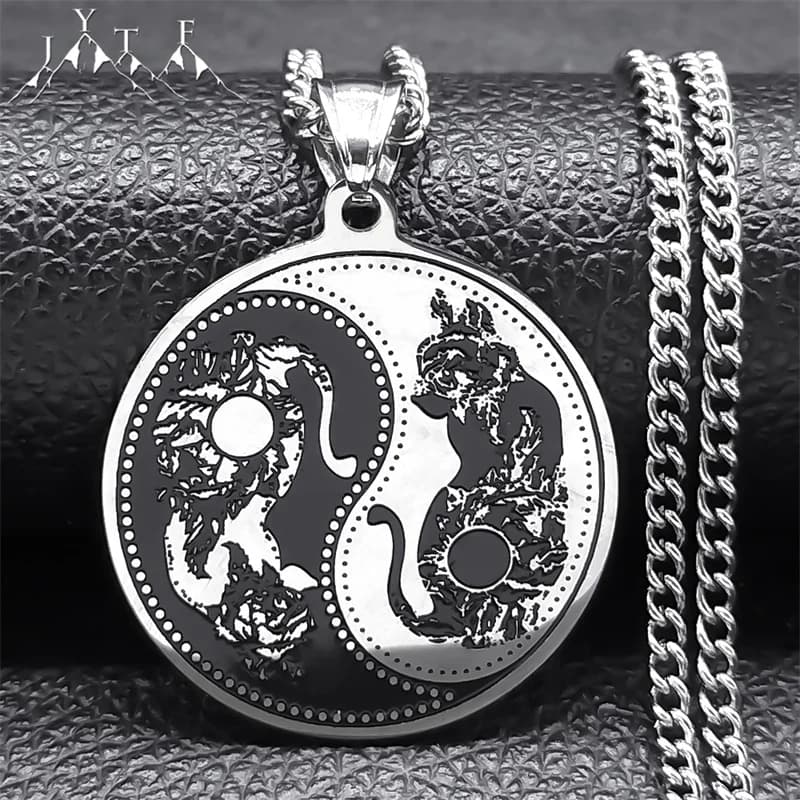 Yin Yang Cat Tai Chi Taoism Pendant Necklace for Women Men Stainless Steel Round Hip Hop Punk Chain Necklaces Jewelry N2521S05