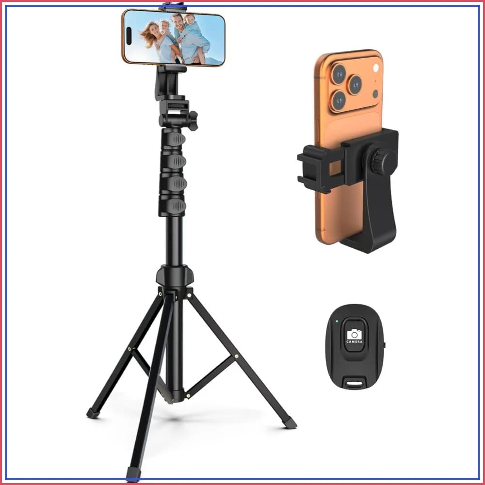 64" Tripod for Cell Phone & Camera, Phone Tripod with Remote and Holder, Sturdy & Adjustable Selfie Stick for Video Recording