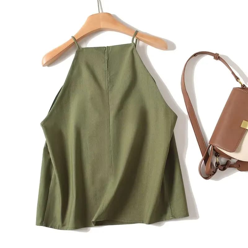 Jenny&Dave 2026 Minimalist green linen shirt French casual trousers Sleeveless shirt with American neckline Wide trousers Two-piece dress