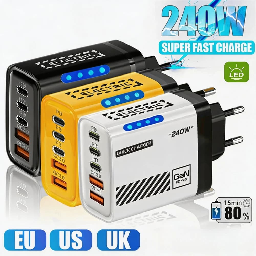 Caricatore da parete USB Type C 5 in 1 GaN da 240W con adattatore da viaggio EU/US/UK per iPhone, Xiaomi, Samsung, Huawei e altri telefoni con USB C.