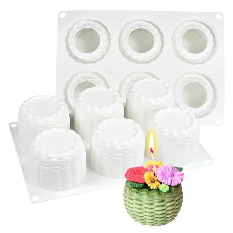 AT63-Silicone Flower Basket Mold, Resin Candle Soap Mould 3D 6-Cavity Mousse Cake Decorating Tool For DIY Baking