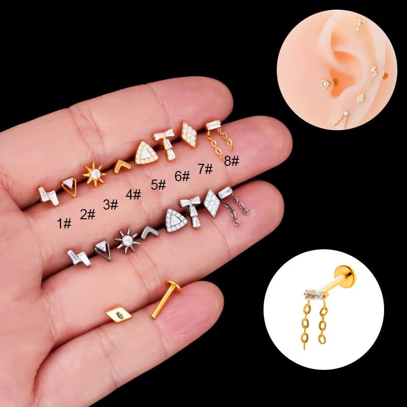 1PC G23 Titanio Piercing Ear Studs CZ Filettatura Interna Labret Lip Stud Helix Conch Cartilagine Trago Lobo PIERC Commercio All'ingrosso di Gioielli
