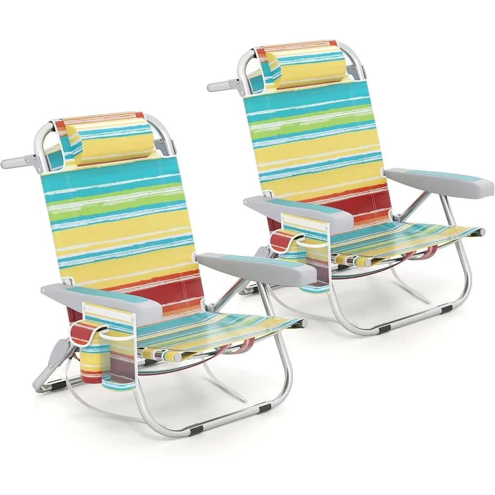 2-Piece Backpack Beach Chairs with Adjustable Positions, Cup Holder, Storage Pockets, and Pillow - Striped Outdoor Lounge Chairs