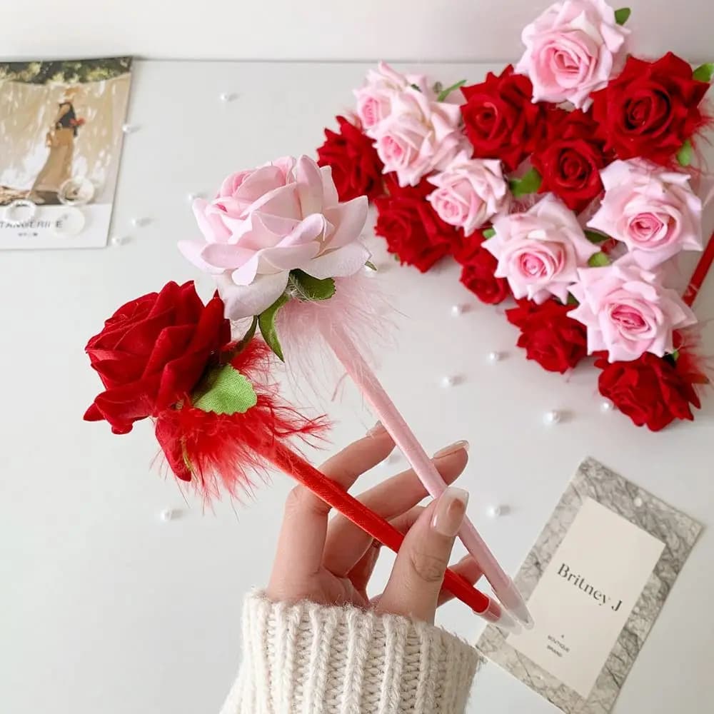 Penna Gel Creativa in Fibra di Poliestere, Penna a Sfera con Rosa Simulata in Plastica, Penna per Firma, Articoli di Cancelleria