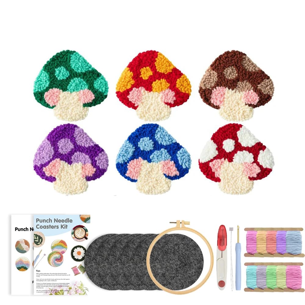 RUOPOTY 6pcs Punch Needle Coaster Diverse Mushrooms Punch Needle Frame Home Wall Art Decor Craft Supplies Landscape Embroidery