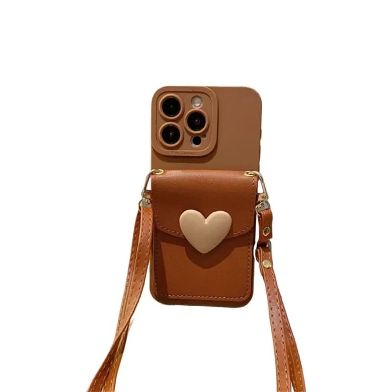 Custodia per telefono con cordino a tracolla e porta carte, design 3D a cuore, per iPhone 11 12 13 16 15 Pro Max 14 Plus