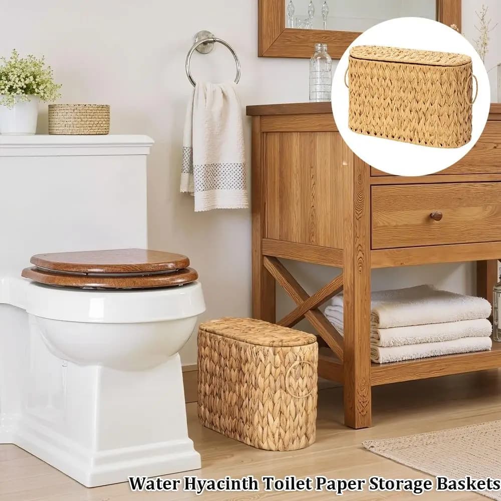 Water Hyacinth Toilet Paper Storage Baskets Wicker Woven with Lids Wicker Baskets Large Capacity Elegant Toilet Paper Holder