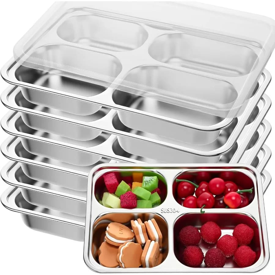 Confezione da 6 contenitori per snack in acciaio inossidabile con coperchi Contenitore per pranzo in acciaio inossidabile a 4 scomparti Contenitori per pranzo riutilizzabili per la preparazione dei pasti f