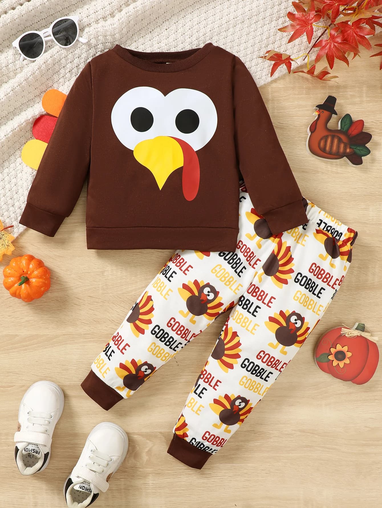 Thanksgiving Themed Two-Piece Boys' Long Sleeve Hoodie And Pants Set Cute Turkey Print Letter Turkey Full Print on Pants