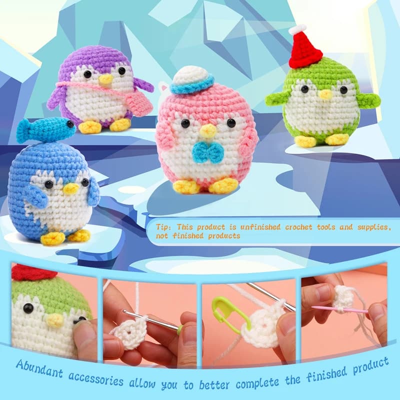 Kit per Principianti di Uncinetto: Pinguino con Video Tutorial, Set Completo di Filati di Cotone, Aghi e Uncinetto, Accessori per Lavori a Maglia, Regalo Fai-da-Te