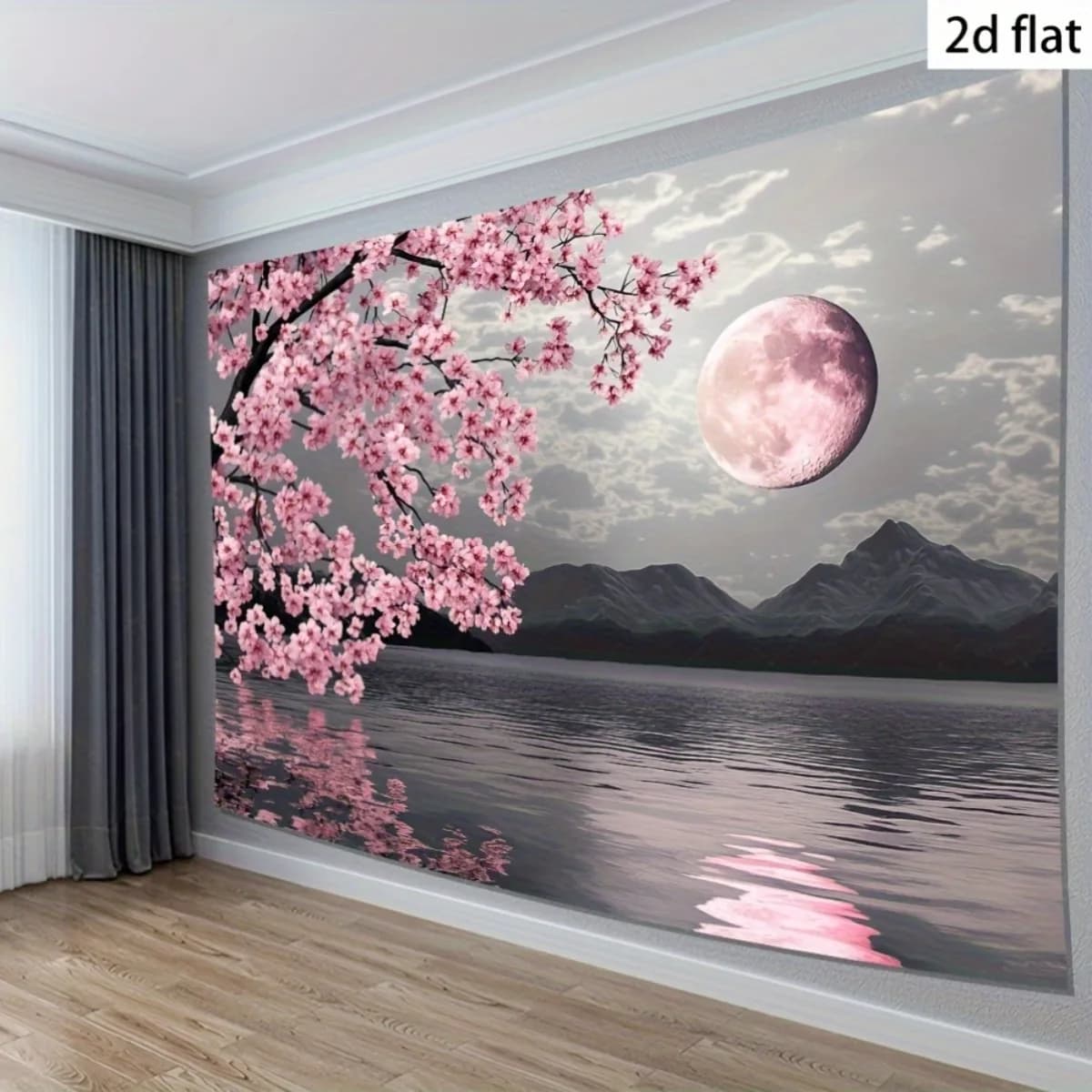 Elegant Cherry Blossom Sakura Wall Tapestry Mural Moon Night Landscape Home Decor Polyester Poster Art for Living Room Bedroom