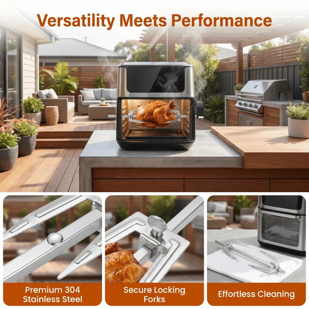 304 Stainless Steel Rotisserie Spit Rod Silver Locking Screws Roast Chicken Fork Polished Finish Rotating Shaft Air Fryer Fork
