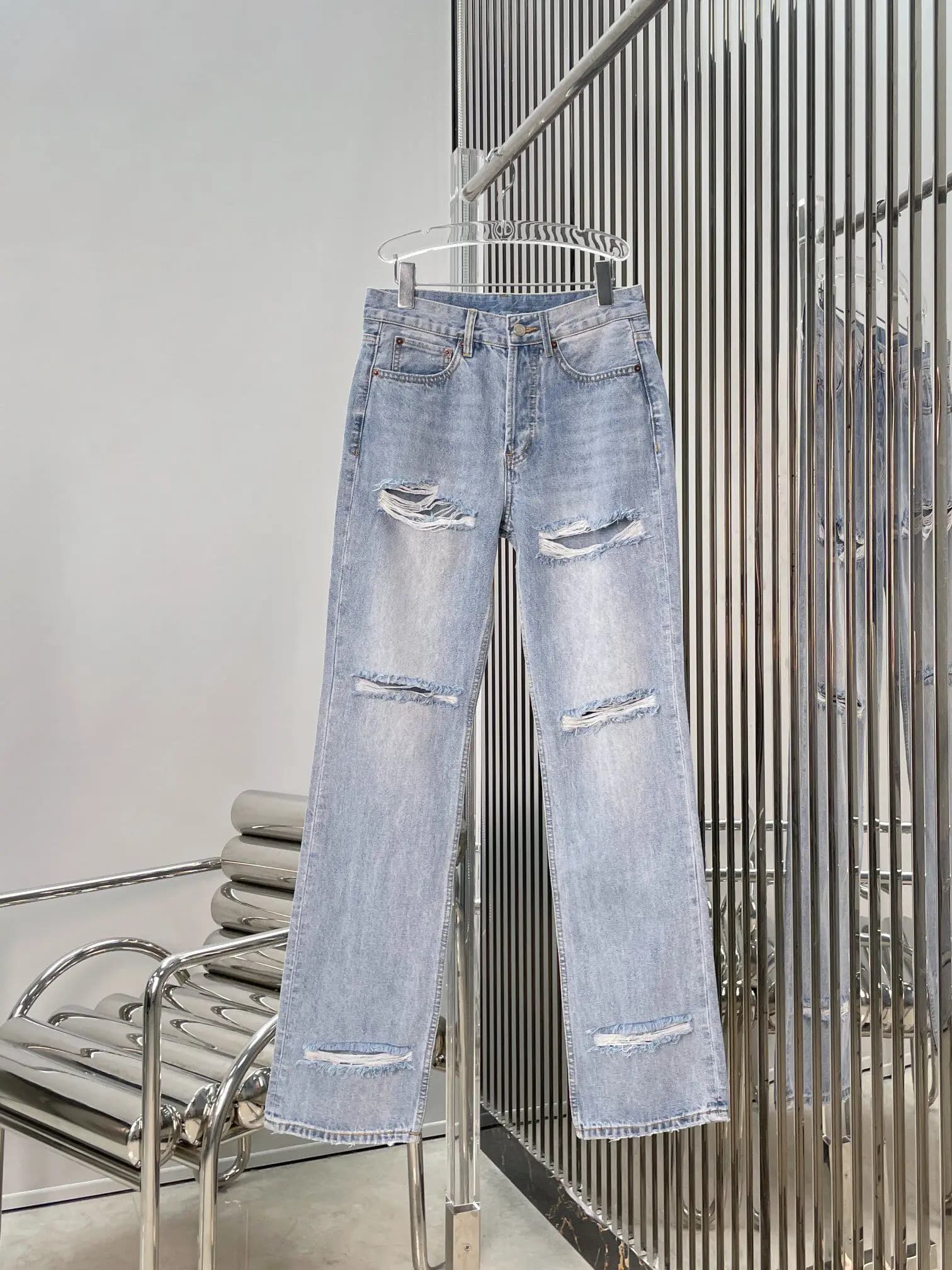 Jeans Vintage da Donna Estate 2026, Blu Chiaro, Effetto Lavato con Strappi, Gamba Dritta, Slim Fit, Casual, Streetwear, Pantaloni in Denim alla Moda