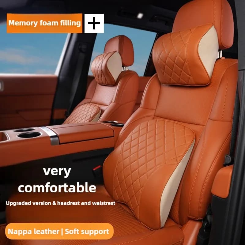 Cuscino per il collo dell'auto in pelle nappa Cuscino di supporto per la vita Memory Foam Poggiatesta per auto Supporto lombare Accessori per sedili Set di cuscini per il collo dell'auto
