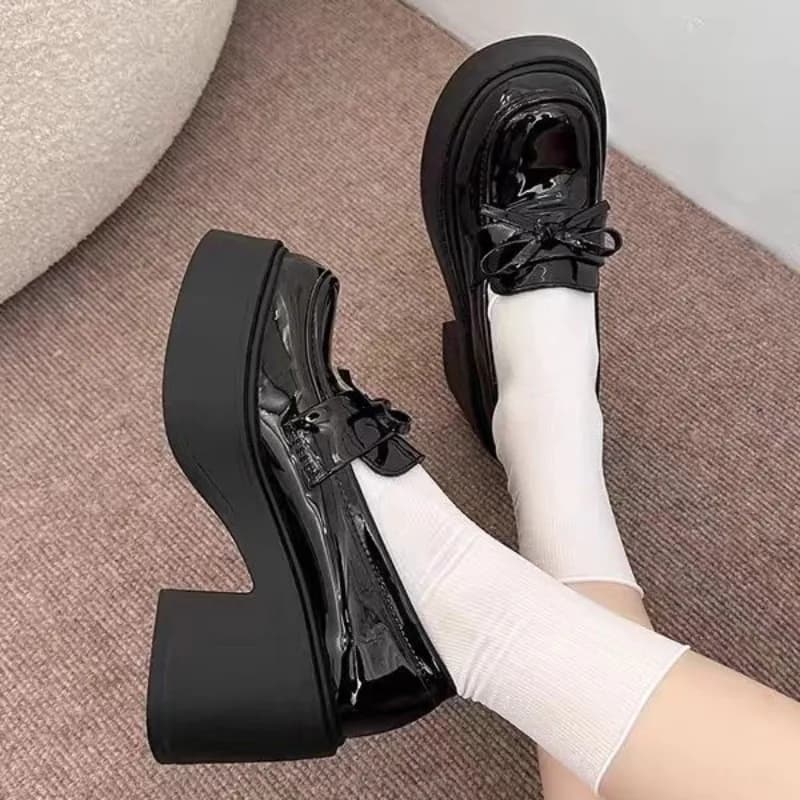 Single Shoes with Square Heel Autumn New Round Toe Pumps Platform with Bow Moccassini slip-on resistant to wear non-slip