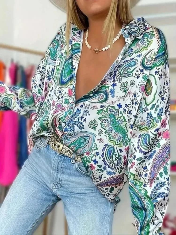 Moda donna taglie forti 1XL-5XL camicia a maniche lunghe con stampa floreale camicetta da donna casual bavero elegante bottone frontale Boho camicetta
