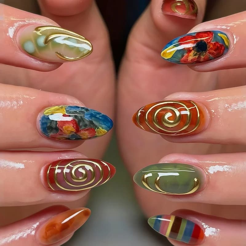 24PCSVintage Oil Painting Flower Almond Press On Nails 3D Gold Swirl Wire Transparent Gradient Aesthetic Reusable False Nail Art