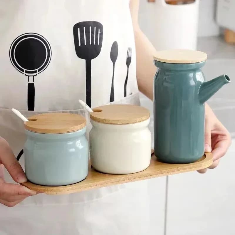 Set di Contenitori in Ceramica per Spezie, Sale, Pepe, Aceto, Olio, Zucchero, Peperoncino, Condimenti, Barattoli per Conservazione Spezie, per Cucina Domestica