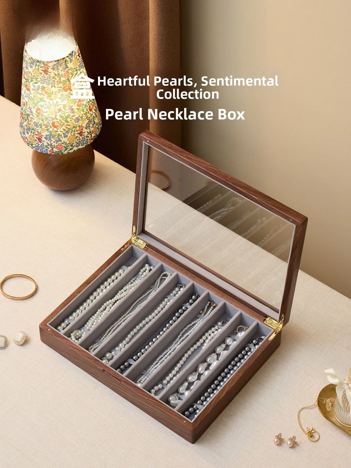 Fanhuan Pearl Necklace Storage Box Long Jewelry Display Box Anti-Tangle High-End Bracelet Earring Case Vintage Style Wooden