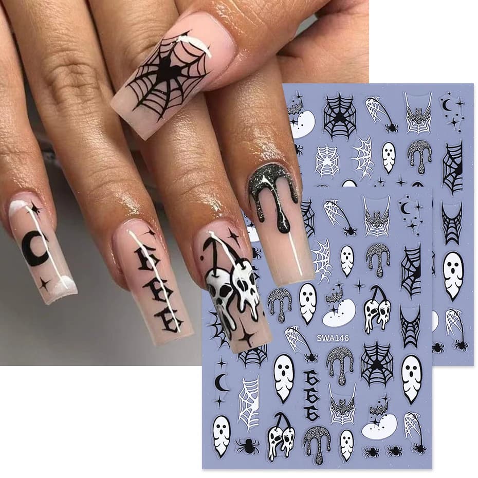 2 pezzi di adesivi per unghie con ragnatela di Halloween, glitter, pipistrello olografico, stella fantasma, design, decalcomanie adesive, accessori per manicure fai da te
