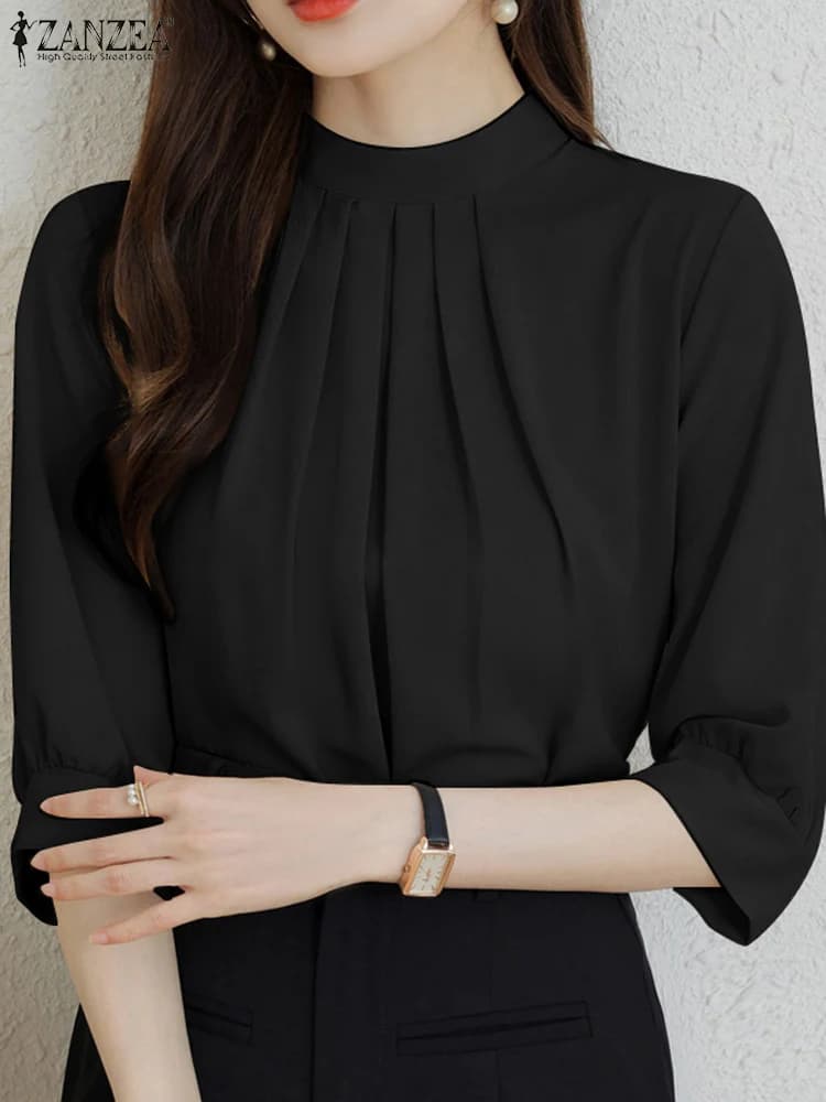 ZANZEA Moda Colletto alla coreana Camicetta Donna Manica 3/4 Tinta unita Tunica Top Donna Casual Camicia allentata Elegante Party Blusas Mujer