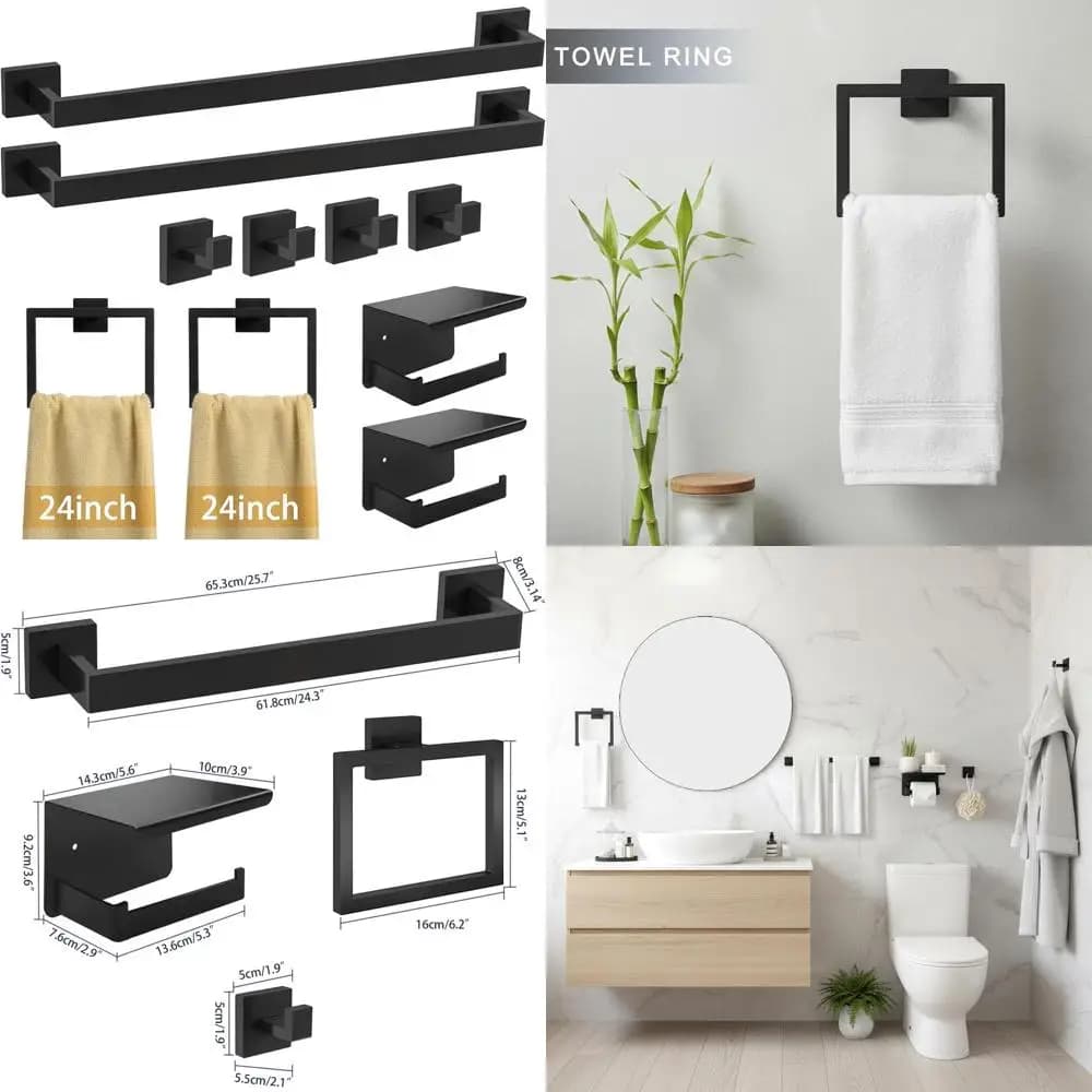 24 Set di accessori da bagno in acciaio inossidabile nero: portasciugamani da 10 pezzi, portasciugamani, porta carta igienica, ganci e anelli