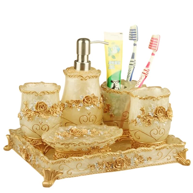 Set da bagno per uso domestico in resina Dispenser di sapone Porta spazzolino da denti Tazza Portasapone Vassoio Spazzola per WC Set di stoccaggio per rifiuti