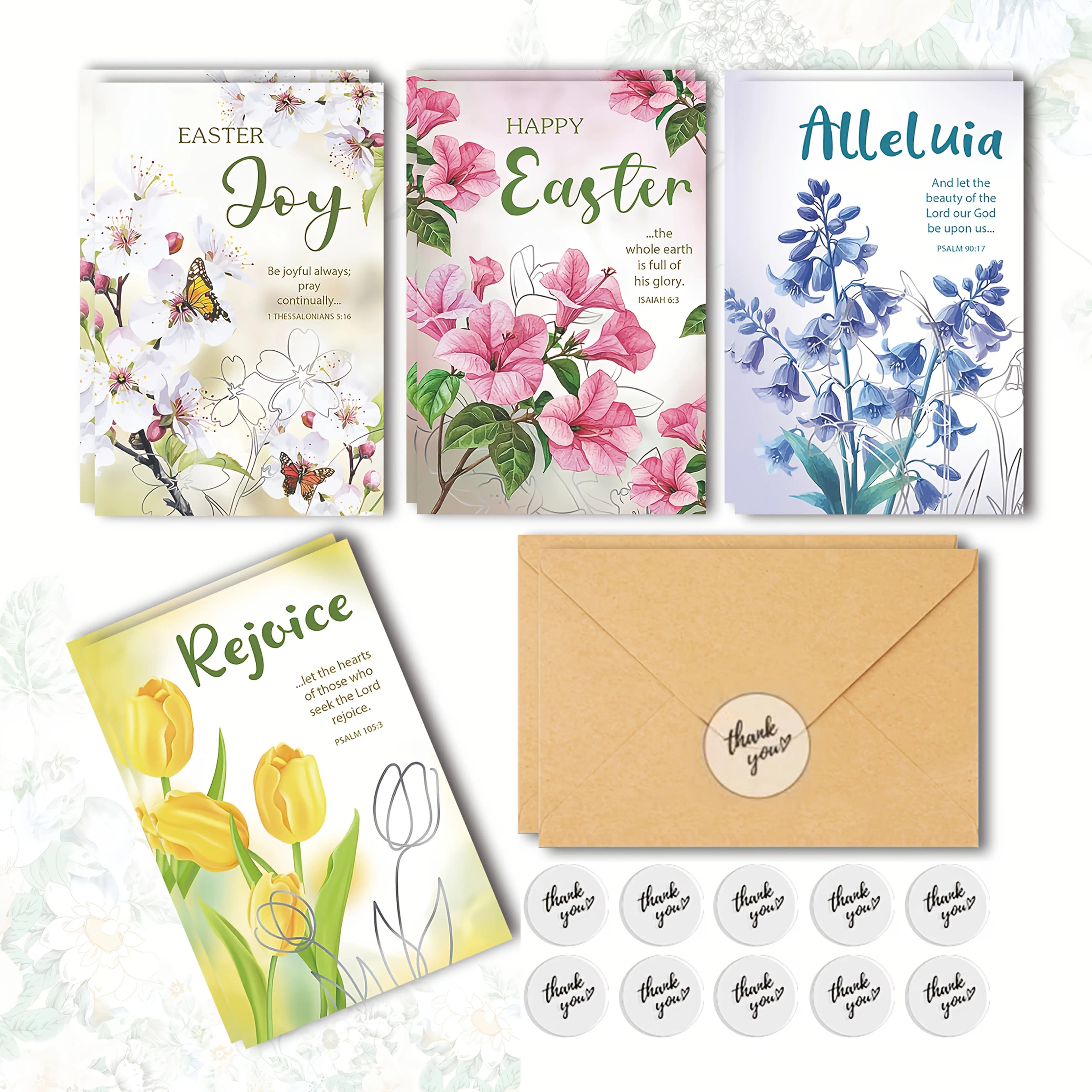 8 Pack Christian Easter Greeting Cards with Envelopes & Thank You Stickers, Floral Religious Easter Cards with Bible Verses, Happy Easter Joy Alleluia Rejoice Spring Flower Note Cards for Church Family Friends Holiday Blessing