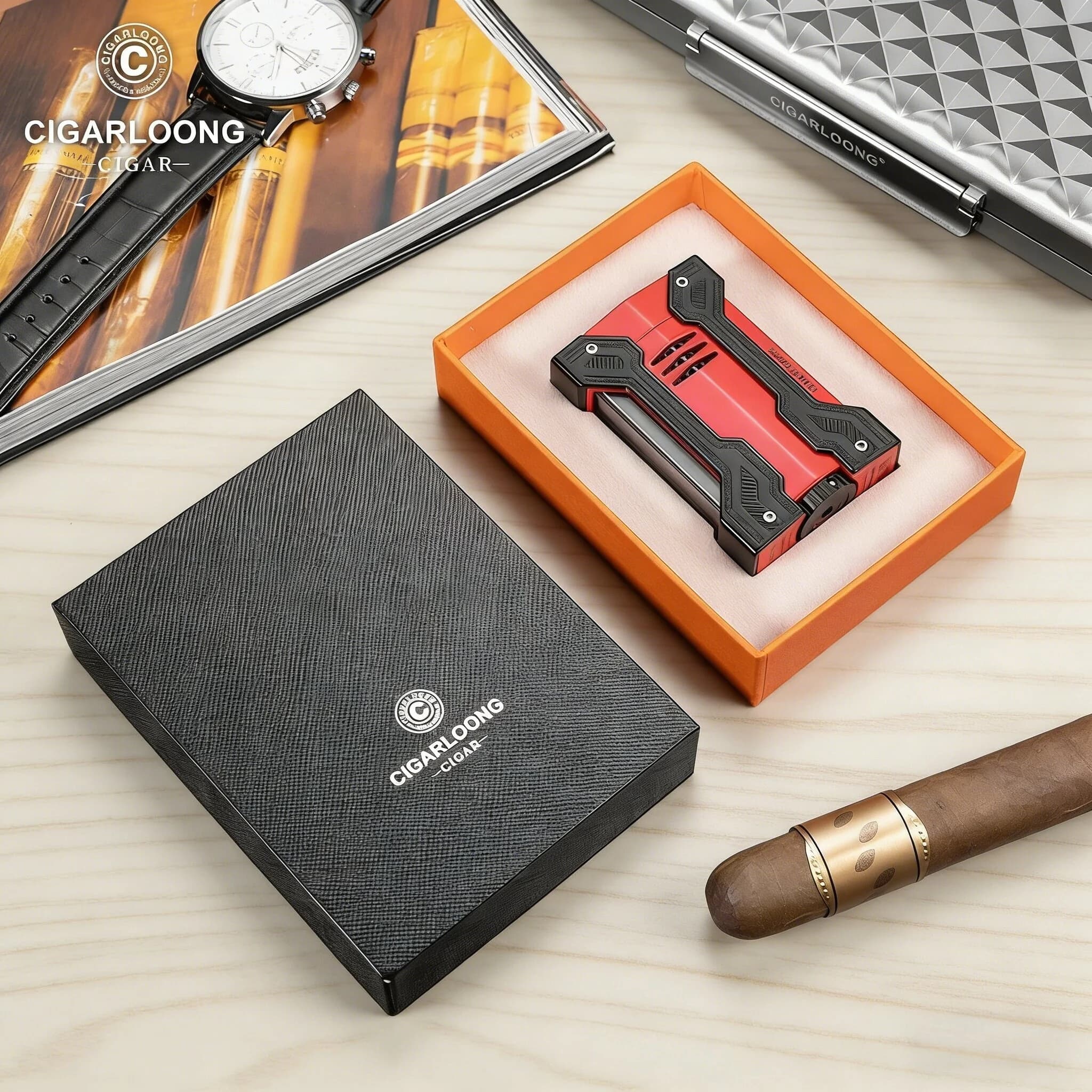 Accendino per sigari da uomo - Lusso discreto, antivento, a fiamma diretta, confezione regalo di alta gamma, regalo premium
