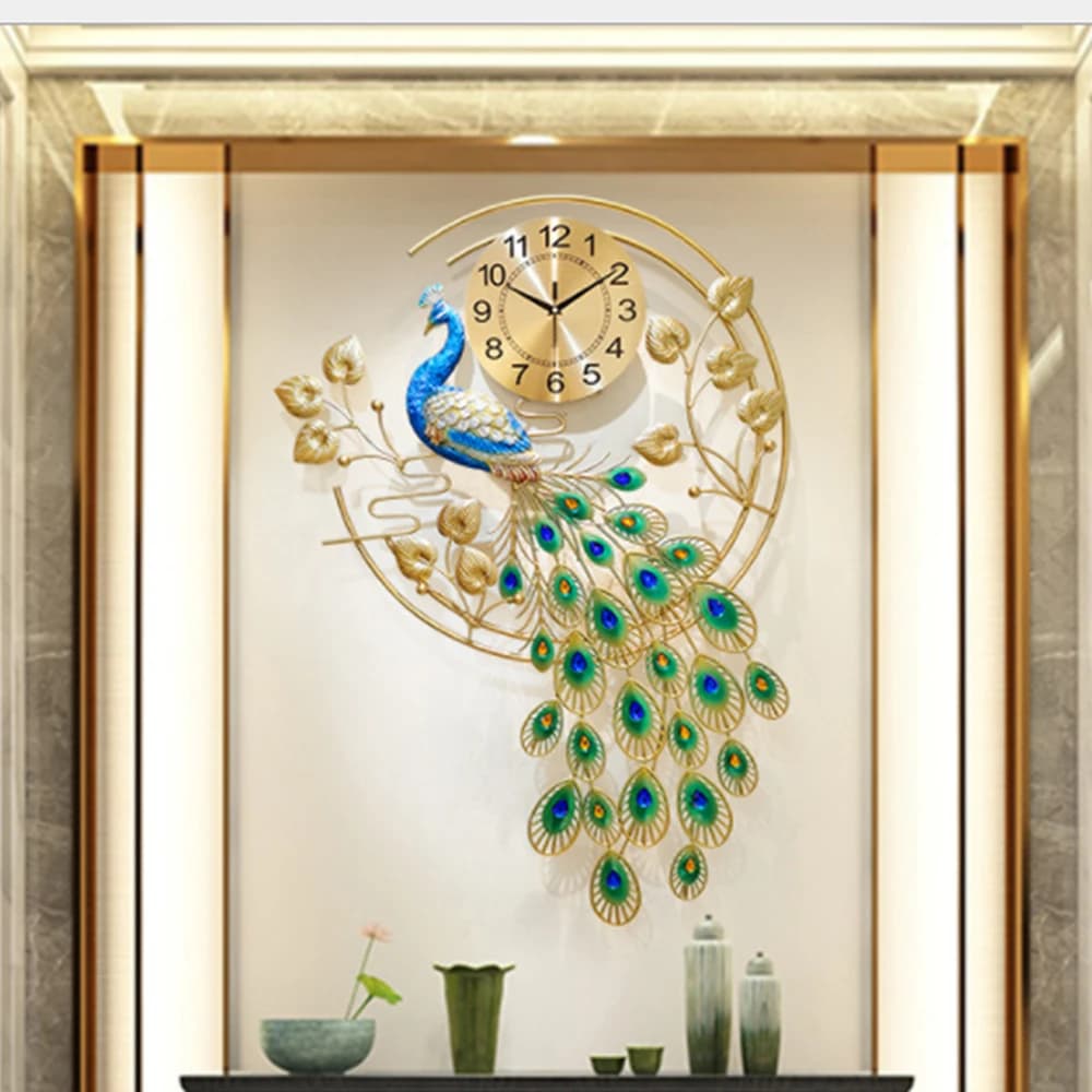 Orologio da Parete con Motivo Pavone, Grande Orologio Silenzioso in Metallo, Elegante Decorazione di Lusso per Casa, Soggiorno e Camera da Letto