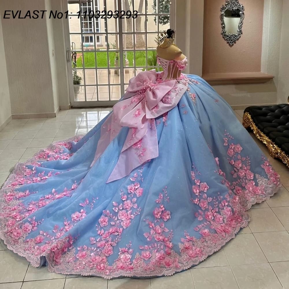 EVLAST Personalizzato Blu Abito di Sfera Abito Quinceanera Rosa Floreale Applique di Pizzo Che Borda di Cristallo Dolce 16 Abiti Da 15 Anos E1Q913