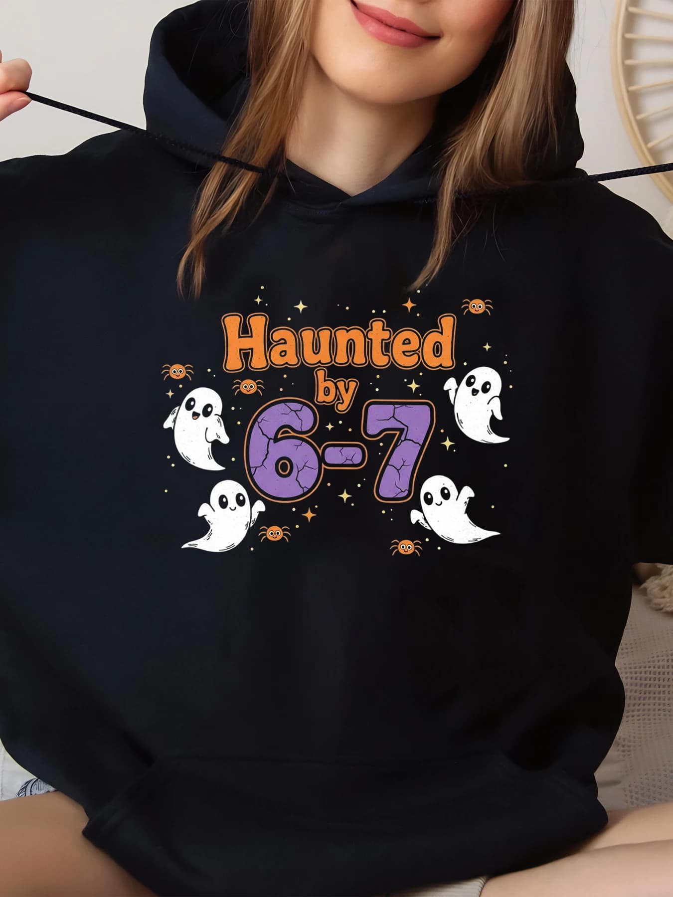 Haunted by 6-7 Fantasmi Print Halloween Hoodie for Women Casual Clothing Black Size Large Size