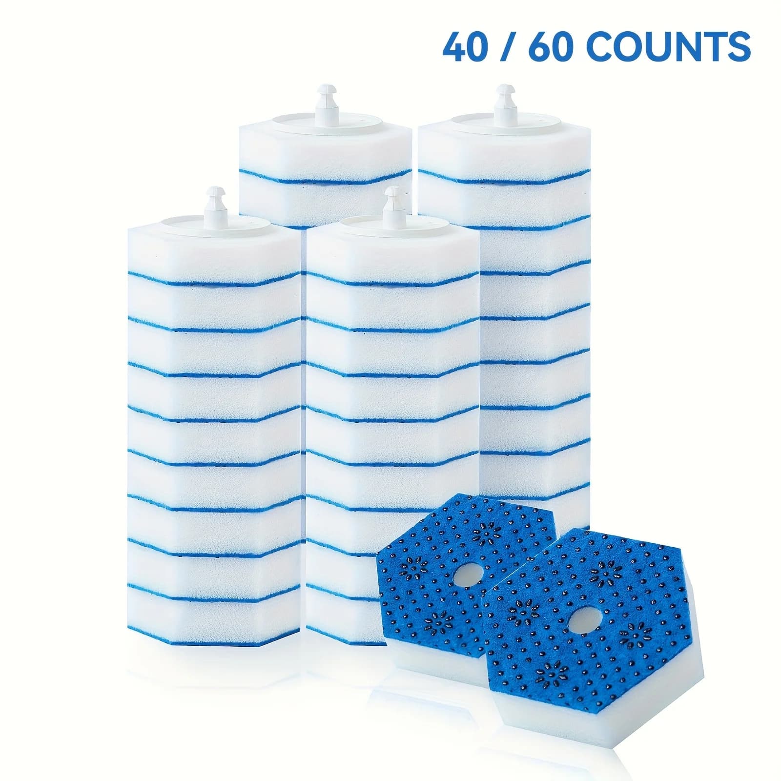 40/60 Count Blue & White Striped Disposable Toilet Brush Sponges - Compatible with Various Toilet Brushes, Coconut Oil-Based