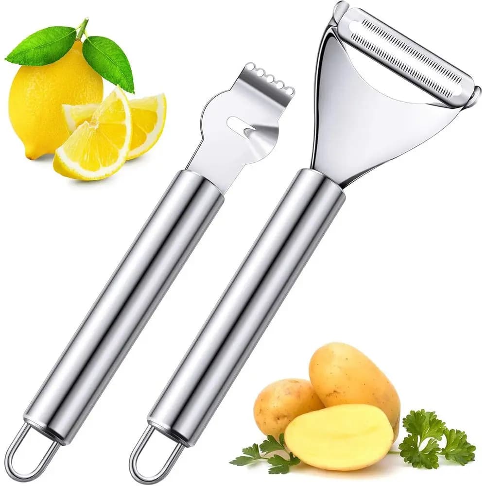 Dual-Blade Stainless Steel Citrus Peeler with Channel Knife for Kitchen and Bar Use