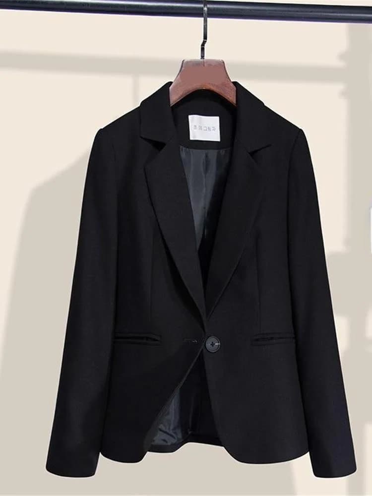 Giacca Elegante Nera Slim Fit per Donna, Stile Casual, Lunghezza Corta, Manica Lunga, Chiusura con Un Bottone, per Primavera e Autunno