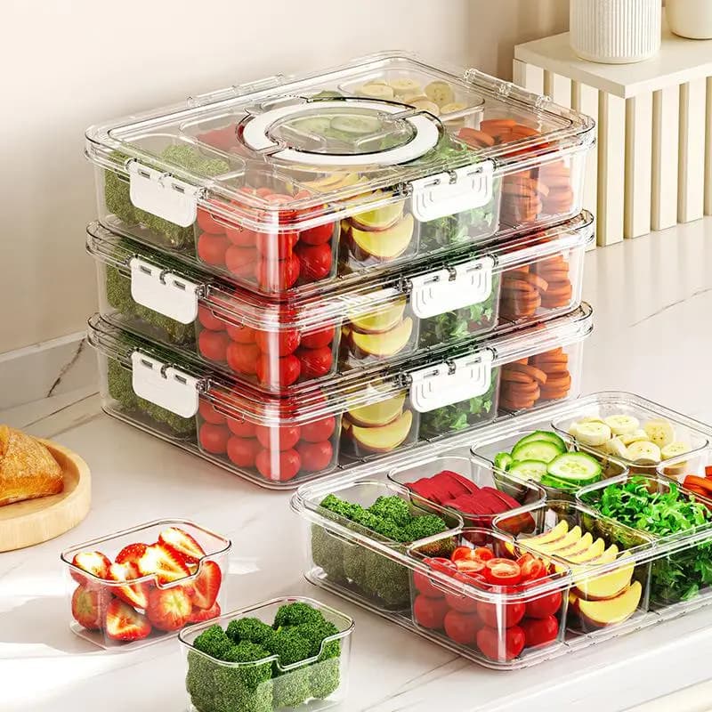 1Pc Piatto Diviso a 8 Griglie con Coperchio Scatola di Conservazione degli Alimenti Scatola di Snack Contenitore di Frutta per Frigorifero Organizzatore di Verdure