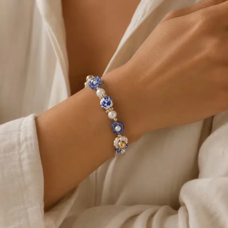 Bohemian Blue and White Porcelain Bead Adjustable Bracelet for Women Hand-Woven Seed Bead Flower Party Jewelry Gifts