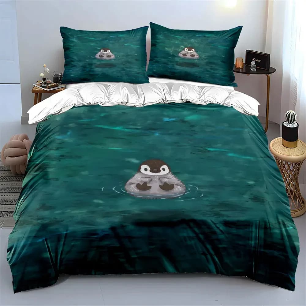Set Decorativo con Pinguini per Camere da Letto, Set Biancheria da Letto con 1 Copripiumino e 2 Federe, Singolo, Matrimoniale, King, Queen, Regalo