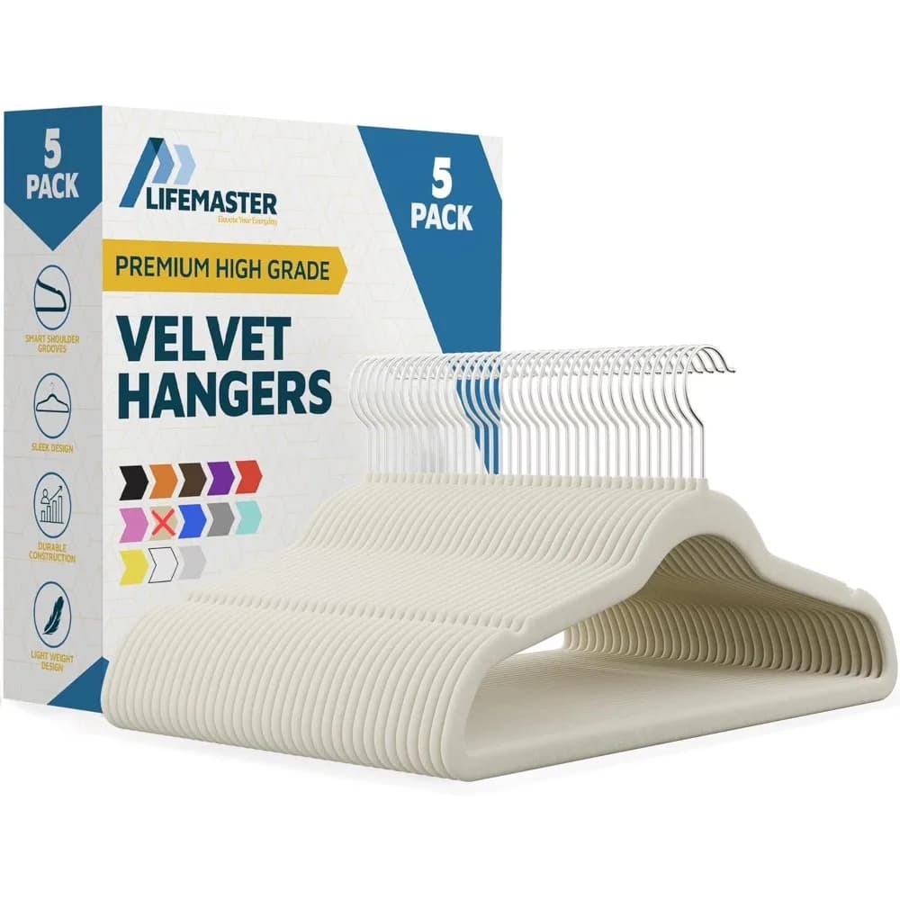 Lifemaster Velvet Clothes Hangers – With 360 Degree Swivel Hook & Non-Slip Shoulder Notch, Holds Up To 10 lbs, Heavy Duty Hanger Set, For Organizing Suit, Dress, Coat, and Clothes, Pack of 5, Ivory