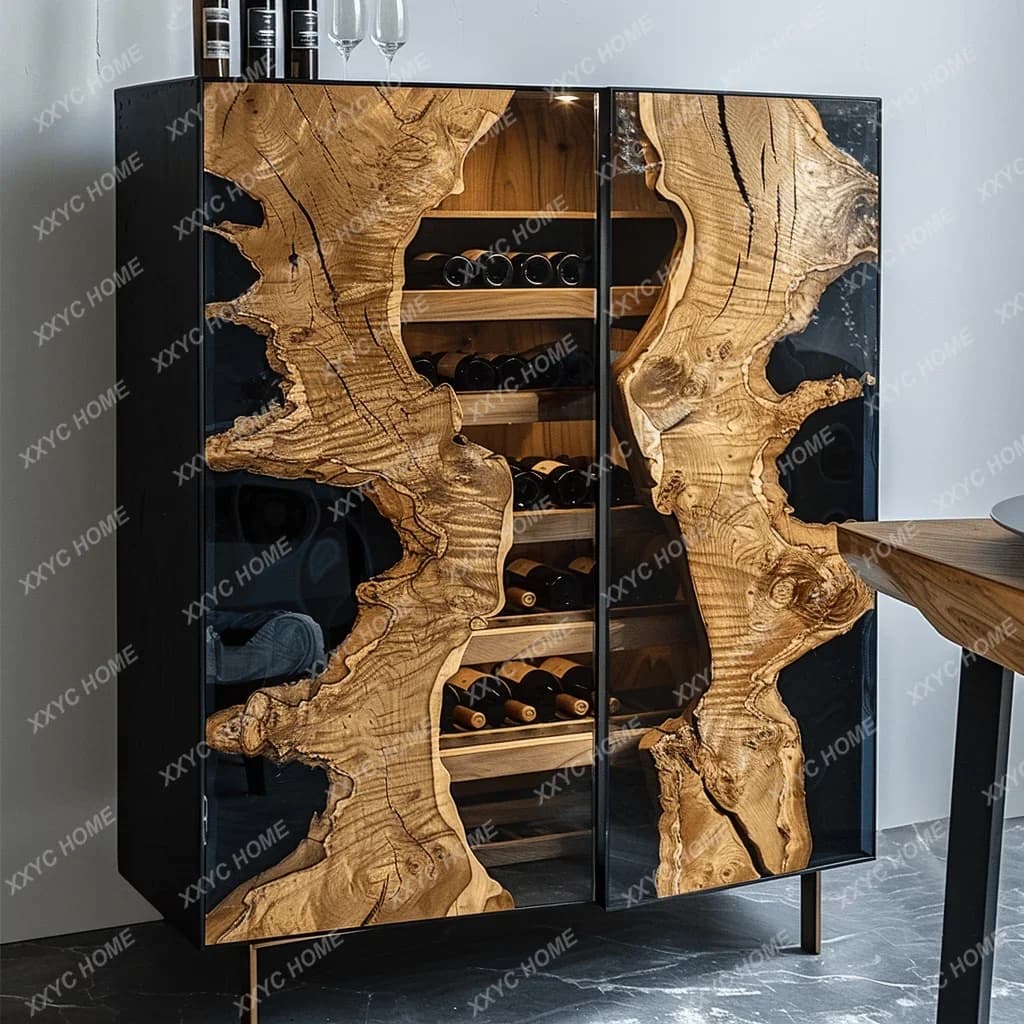 TT Moderno mobiletto portabottiglie di lusso in noce nero, vetrina da soggiorno a parete in legno massello con doppia anta in vetro, mobile divisorio per sala da pranzo
