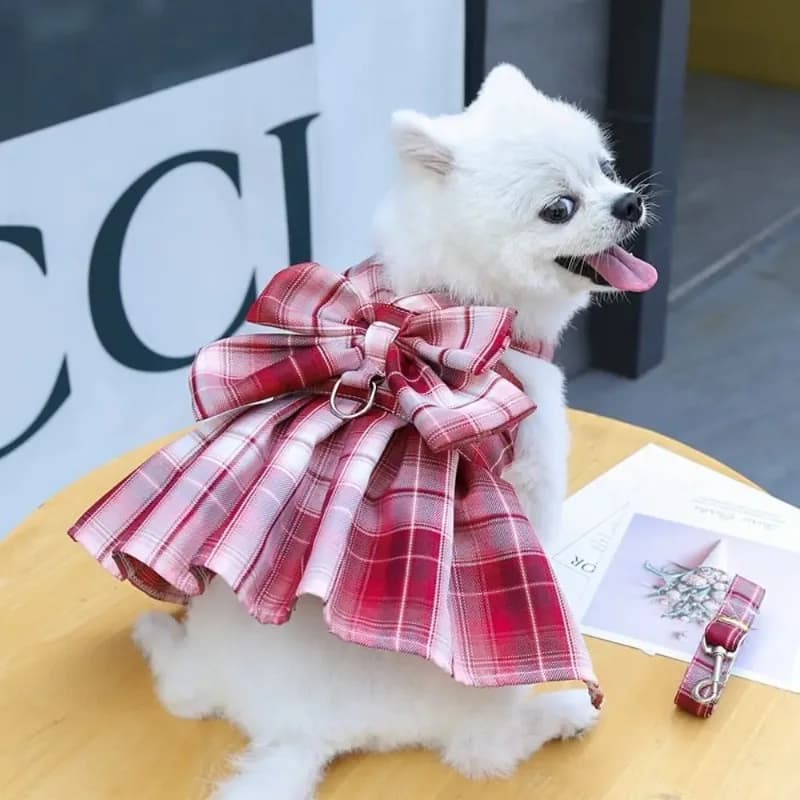 Gonna per cani e conigli in Dacron sottile, riutilizzabile, lavabile e regolabile, con fiocco, stile JK a quadri, con funzione pettorina e guinzaglio integrato