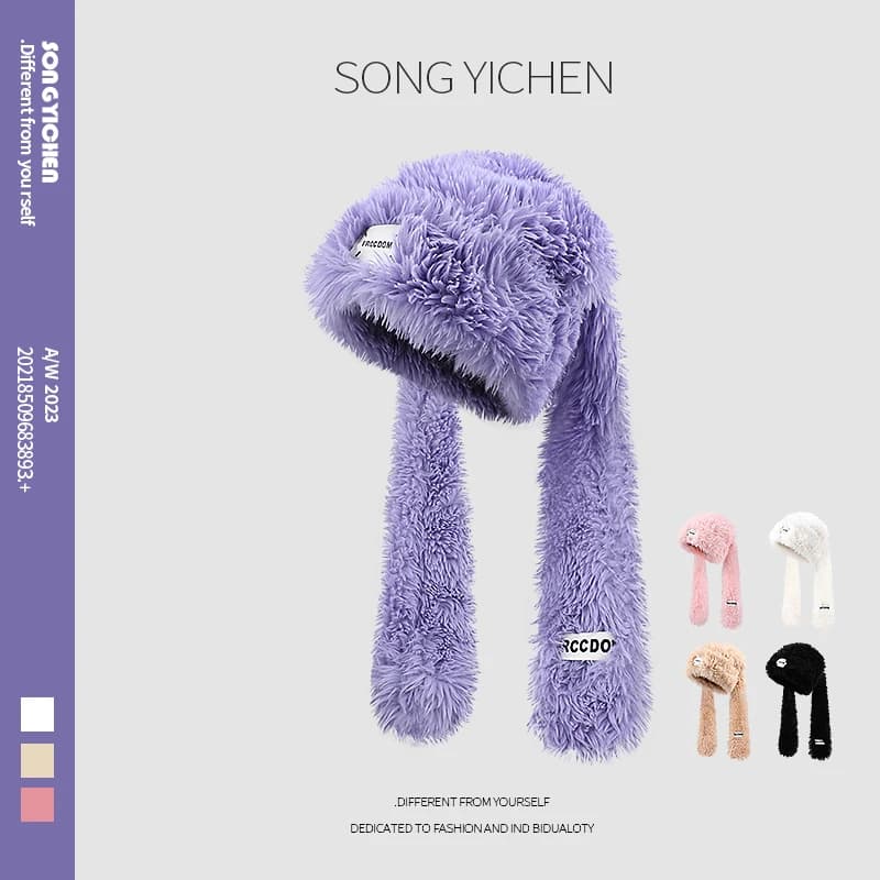 Cute Long Rabbit Ears Plush Beanies Autumn and Winter Outdoor Cap Scarf Integrated Dual-purpose Warm Ear Protection Women's Hat