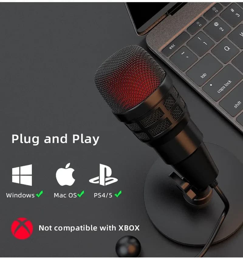 Microfono capacitivo per podcast, microfono da gioco, microfono per computer USB, studio di registrazione, jack per cuffie, luce LED