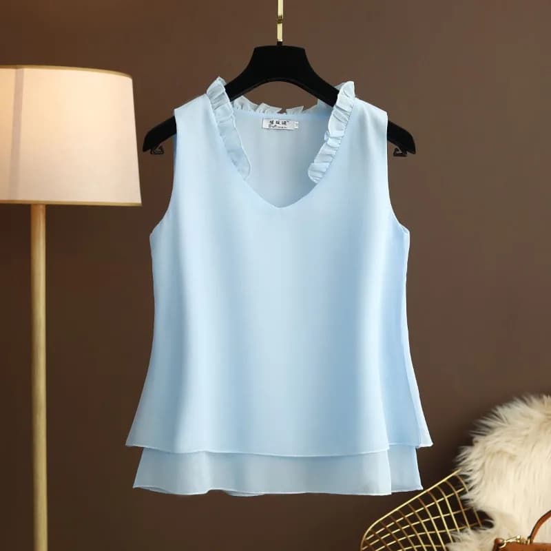 Plus Size Halter Chiffon Top Sleeveless Ruffle V-Neck Loose Flowy Summer Chic Tunic Blouse Elegant Layering Top L 5XL BANERDANNI