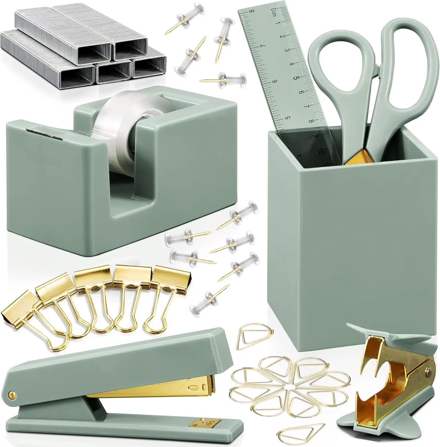 Set di Accessori da Scrivania con Finitura Dorata, Portapenne, Forbici, Cucitrice, Dispenser per Nastro Adesivo